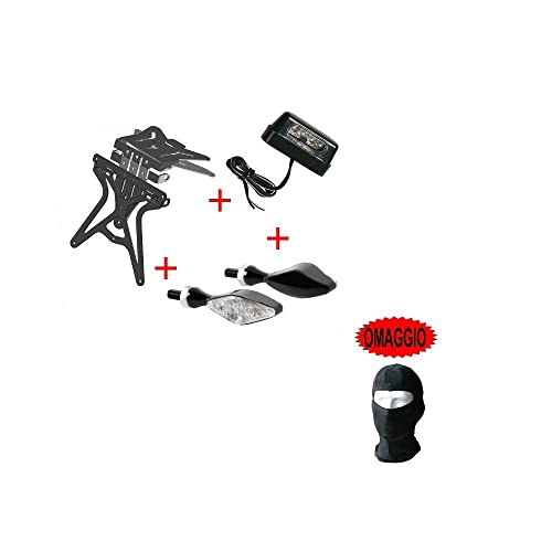 ESCRIZIONE E CARATTERISTICHE PRODOTTO: ARTICOLI LAMPA COD. 90146+90162+90096 1° PORTATARGA: - Il portatarga è universale e non specifico, va adattato alla tua moto anche con qualche modifica - Attacco sottocodone piatto - Finitura a polvere epossidica - Regolazione altezza, larghezza ed inclinazione - Regolazione escursione frecce - Predisposizione luce targa - Dimensioni: Dimensioni: Altezza 270 mm - Larghezza 190 mm - Profondità 35 mm - colore nero 2° LUCE TARGA A4 LED BI