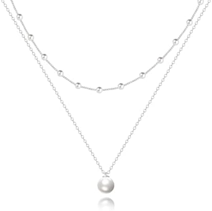 Zeffy Layered Silver Pearl Necklaces for Women Dainty Layered Tiny Single Pearl Choker Trendy Cute Silver Necklace Stack Wedding Jewelry Sets for Women Bridesmaid Gifts 2PCS