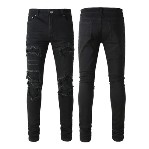 Jeans Pants Trouser Denim Trendy Street Patch Ripped Distressed Hole Retro Stretch Slim Fit Black Tight Casual Small Straight Leg for Men(Black,30)4