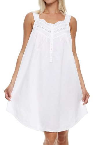 Alexander Del Rossa 100% Cotton Nightgowns for Women, Sleeveless Lace Trimmed Button Up Short Vintage Night Dress Gown