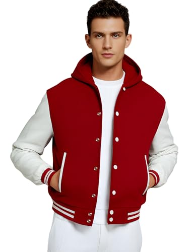 Image of Deckra Men's Varsity Jacket Genuine Leather Sleeve and Wool Blend Letterman Boys College Varsity Jackets XS-5XL