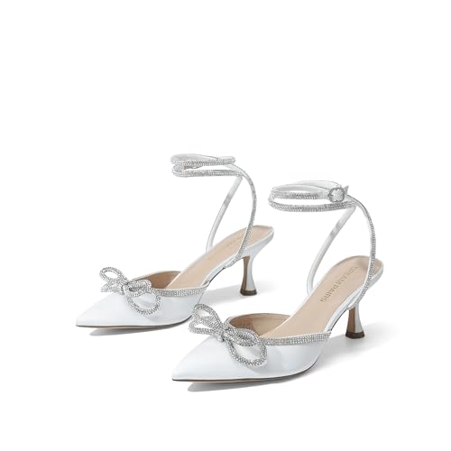 DREAM PAIRS Kitten Heels Rhinestone Bow Ankle Strap Stiletto Pointed Closed Toe Heels for Women Pumps Wedding Bridal Party Dress Shoes 6.5 White