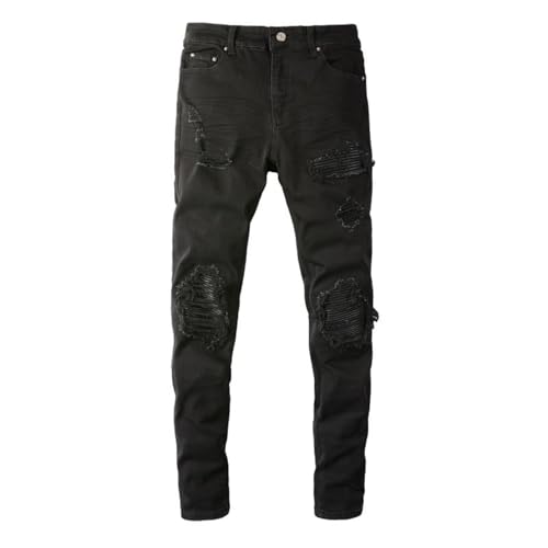 Jeans Pants Trouser Denim Black Knee Hole Patch Men's Slim Fit Stretch
