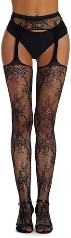 ohyeah Suspender Pantyhose for Women XS-5XL Floral Lace Fishnet Tights Thigh High Stockings with Garter Fishnet Leggings