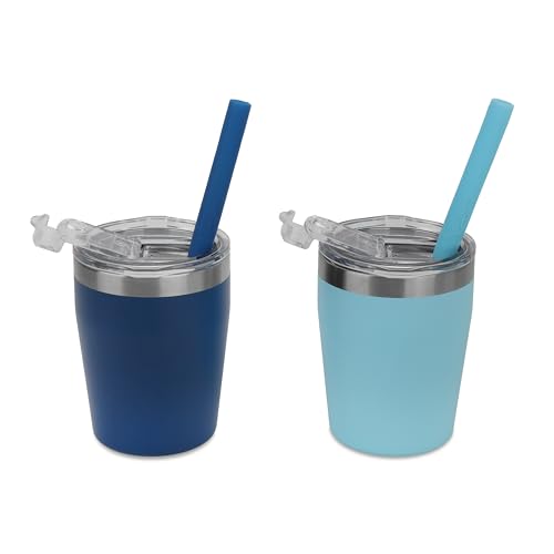 Housavvy 2 Pack 8 OZ Insulated Stainless Steel Kids Cups with Lids and Silicone Straws BPA Free Toddler Cups for Kids Smoothie Drinking