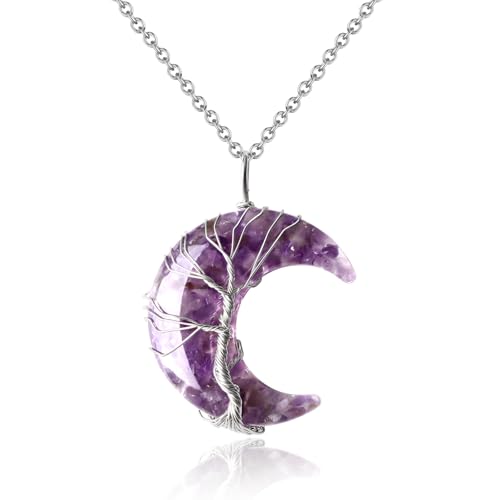 XIANNVXI Collier En AméThyste Collier Croissant De Lune Pour Femme Pendentif Lune En Cristal Violet Colliers Arbre De Vie Bijoux Pour Femme Cadeaux Gothiques...