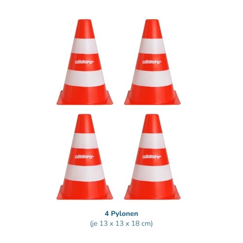 alldoro 60090 Pylonen 4er-Set für Kinder, Verkehrshütchen orange-weiß, 18 cm hoch, stapelbare Leitkegel für Slalom, Sport & Freizeit