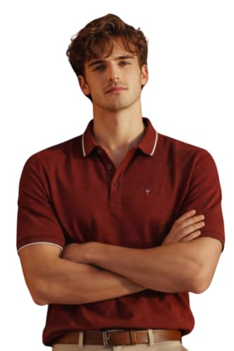 Image of Louis Philippe Men's Slim Fit Single-Tuck Pique Stylized Sleeve Print and Contrast Tipping Half Sleeve Solid Polo Tshirt