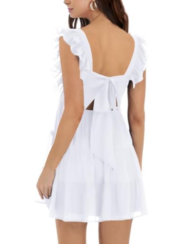Image of Women's Summer Square Neck Tie Back Ruffle Sleeve Tiered Casual A-Line Short Mini Dress