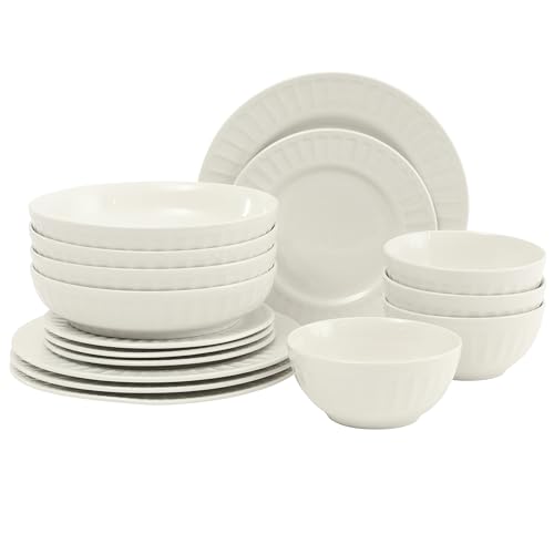Image of Gibson Home Melbourne White Plates and Bowls Set, 16 Piece Embossed Ceramic Dinnerware Set - Service for 4 Dishes - With Pasta Bowl