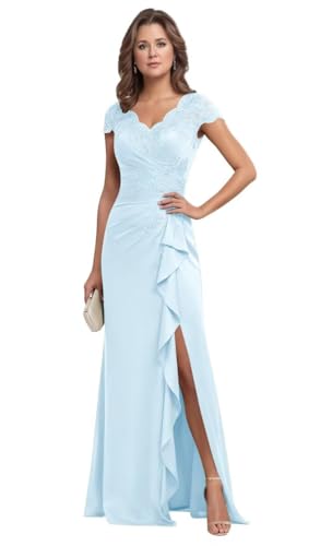 Lace Chiffon Mother of The Bride Dress with Slit 2026 Light Blue Short Sleeve Sequin Applique Ruffles Mother of Groom Dress for Women A Line Ruched Open Back Wedding Guest Dress Us10