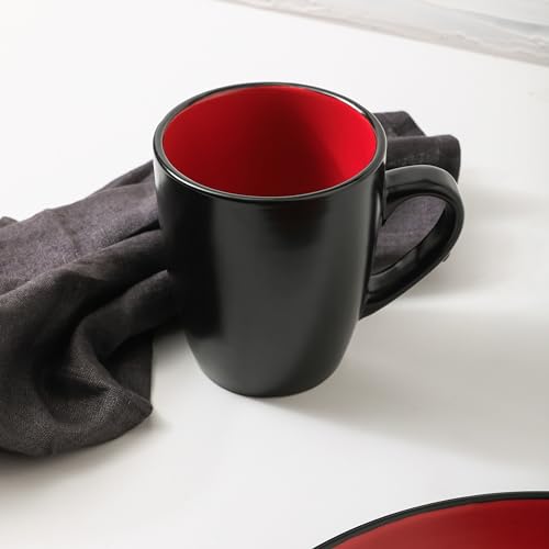 Image of Stone Lain Albie Stoneware 32 Piece Modern Dinnerware Set, Plates and Bowls Sets, Service for 8, Red and Black, Microwave & Dishwasher Safe