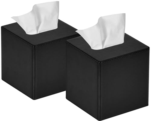 GOLRANLYE Tissue Box Cover Square 2 Pack PU Leather Facial Tissue Box Holder for Dresser Bathroom Decor (Black)