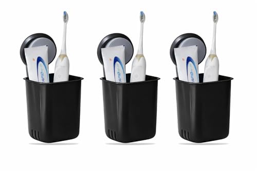 Image of Wall-Mounted Tooth Brush Holder Bathroom - Self-Adhesive Bathroom Organiser Without Drill for Toothbrushes, Toothpaste and Makeup Brushes - Plastic Brush Holder for Bathroom (3, Black)