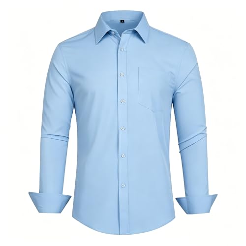 Yimoversal Men Light Blue Button Down Dress Shirts Long Sleeve Casual Regular Fit Stretch Dress Shirt with Pocket Solid L