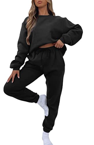 Onsoyours Survêtement Femme Ensemble de Sport 2 Pièce Sweatshirt + Pantalon avec Poches Casual Pyjama d'intérieur Tenue pour Jogging Yoga Sportswear A Noir L Cover