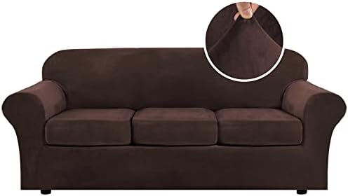 H.VERSAILTEX Modern Velvet Plush 4 Piece High Stretch Sofa Slipcover Sofa Cover Furniture Protector Form Fit Luxury Thick Velvet Sofa Cover for 3 Cushion Couch, Machine Washable (Sofa,Brown)