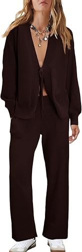 Womens Two Piece Sweater Sets Comfy Loungewear Set V-Neck Cardigan Pant Matching Pajama Sets Sweatsuit Outfits
