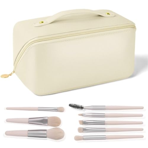 Bolsa de Cosméticos de Viaje de Gran Capacidad que Incluye Set de 8 brochas profesional. Neceser mujer de Maquillaje con Almacenamiento en Capas Impermeable de Cuero de PU.