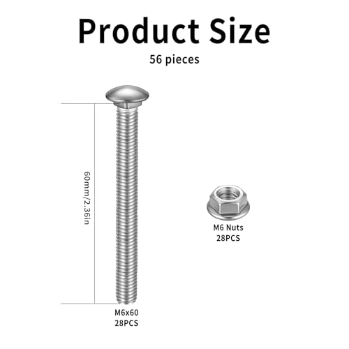 56 Stück Schlossschrauben M6 x 60 mm Edelstahl, Schloßschrauben Edelstahl, Torbandschrauben Muttern Set, M6 Flachkopfschrauben mit Flanschmuttern, Gewindeschrauben Set, Flachrundkopfschrauben