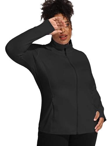 COOTRY Women's Plus Size Athletic Jackets Zip Up Lightweight Workout Running Track Jackets with Thumb Holes3