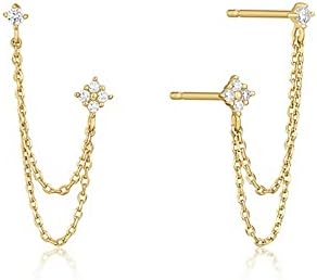 GLAHORSE 925 Sterling Silver Four Zircons Flower Stud Earrings For Women Double Studs Chain Tassel Piercing Earring 18K Gold