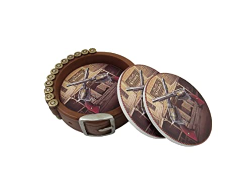 DWK Last Call Western Coaster 5pc Set with Holder | Cowboy Ammo Home Decor | Country Kitchen Bar Decor - 5"
