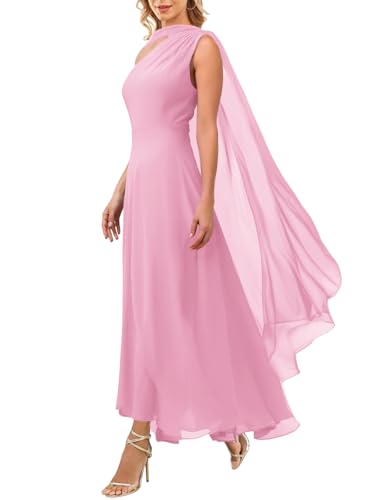 Image of Aisbei Women's Elegant One Shoulder A Line Flowy Maxi Dress Evening Gowns Party Formal Wedding Guest Dresses with Cape
