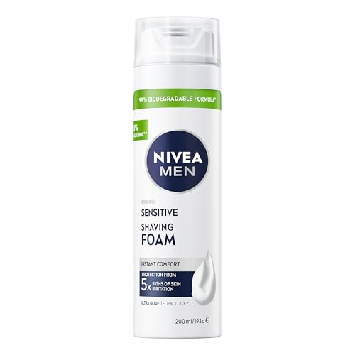 NIVEA MEN Sensitive Shaving Foam Pack of 6 (6 x 200ml) Sensitive Skin Shaving Foam Shave Gel for Men Shaving Gel for Irritated & Dry Skin with Witch Hazel