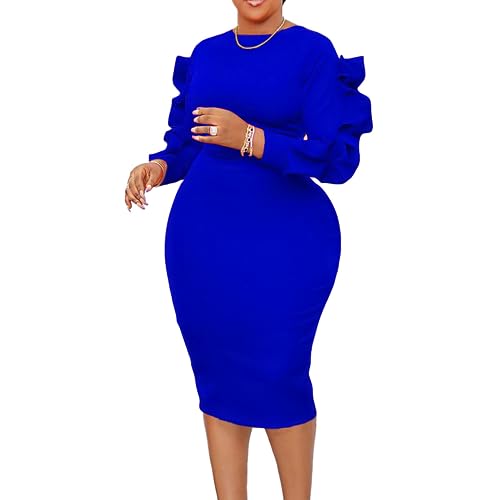 Plus Size Midi Pencil Dress for Women Elegant Ruffle Sleeve Round Neck Bodycon Cocktail Party Formal Dress