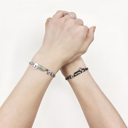 Image of 2 Couple Bracelets for men women, Love /Koi Fish /Gossip Jigsaw Puzzle Stainless Steel Heart-shaped Chain Adjustable Bracelet for Boyfriend Girlfriend Valentine's Day Gift Jewelry