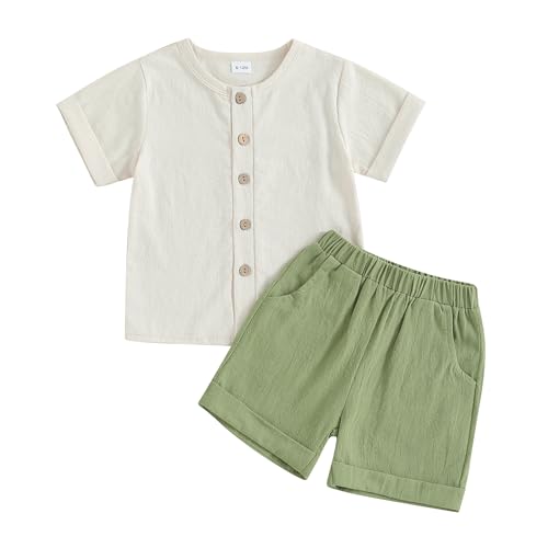 kacubwyy Toddler Boys Girls Clothes Button Down Short Sleeve Shirt Pocket Shorts Solid Cotton Line Summer Outfits (White & Green,18-24 Months)