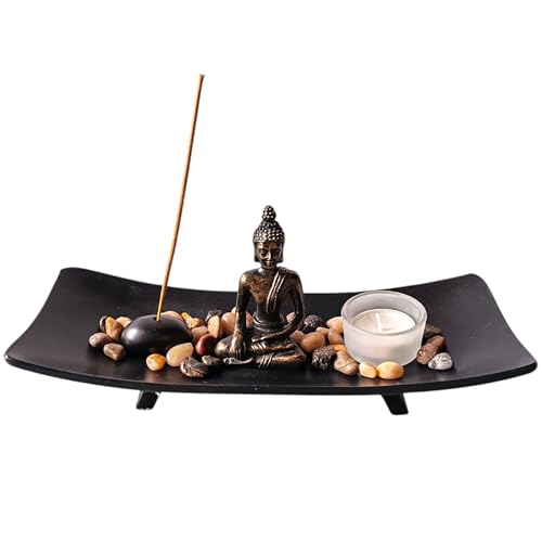 ZEN&TAO Juego de portavelas y incienso estilo jardín zen japonés, bandeja negra con estatua de Buda, soporte para incienso, portavelas y tumbas naturales