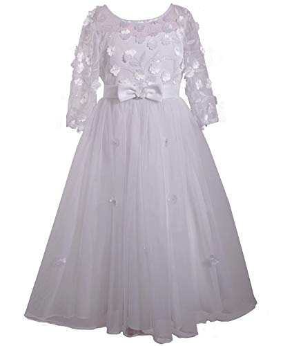 Bonnie Jean Girl's First Communion Dress with Bow and Daisies, Long Sleeve
