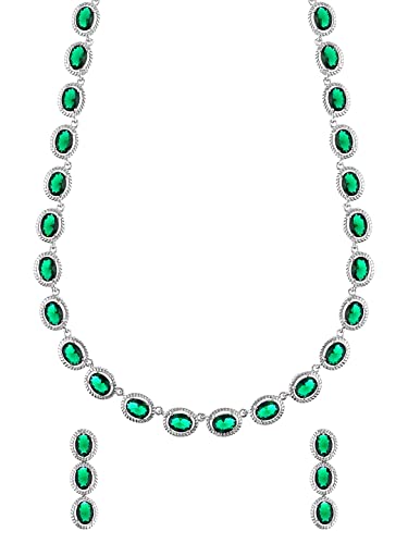 Image of Yellow Chimes Jewellery Set for Women Rhodium Plated Cubic Zircon Silver Necklace with Earring Set Floral Design Classic CZ Stoned Jewellery Set for Women and Girls