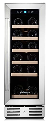 Kalamera 12'' Wine Cooler 18 Bottle Built-in or Freestanding with Stainless Steel & Double-Layer Tempered Glass Door and Temperature Memory Function