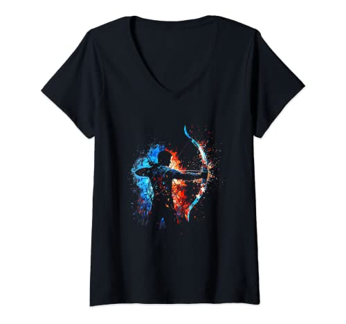 Mujer Archer Flames Archery Retro Sports Archer Camiseta Cuello V