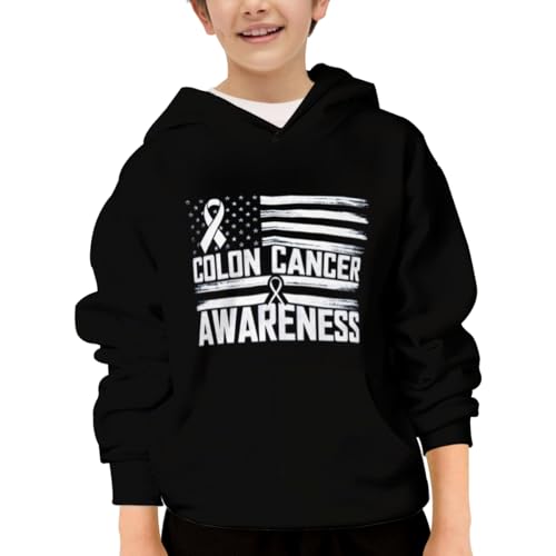 Colon Cancer Awareness Month Vintage American Flag Hoodies for Teen Girls Boys Lightweight Kangaroo Pocket Sweatshirt