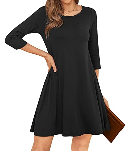 Image of Womens Casual 3 /4 Sleeve Dresses Aline Crewneck Spring Tshirt Dress with Pocket