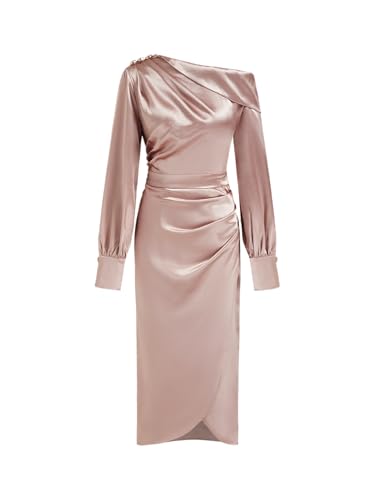 CIDER Satin Dress Long Sleeve Asymmetrical Neck Ruched Split Maxi Formal Party Cocktail Mid Waist Dress