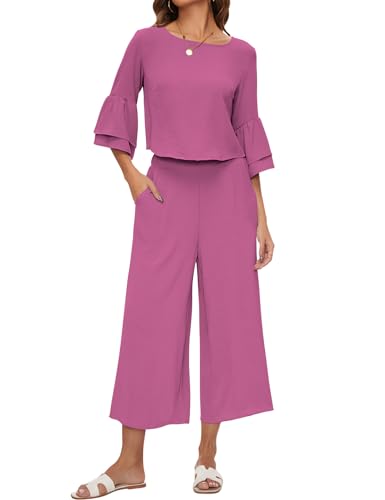 ROYLAMP Women's Summer 2 Piece Outfits Bell Sleeve Round Neck