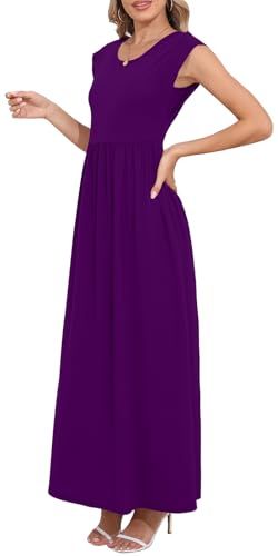 Image of DB MOON Womens 2026 Maxi Dresses Empire Waist Long Summer Dress Casual Cap Short Sleeve Sundress with Pockets