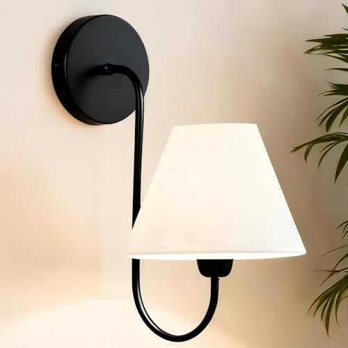 Image of Vintage White Linen Single Wall Sconce, Retro Swoop Wall Lamp with Metal Matte Black Pole, Gooseneck Light Fixture Design for Elegant Home Lighting, Bedroom