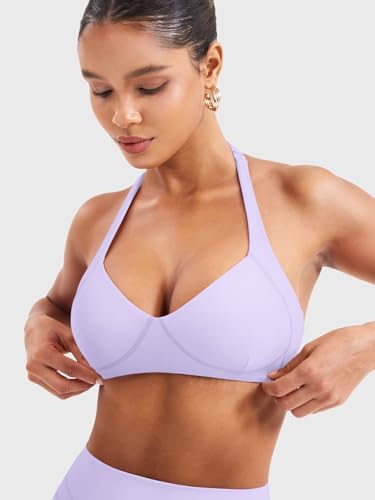 Image of YEOREO Women Halter Sports Bra Light Support V Neck Padded Strappy Open Back Workout Gym Tops