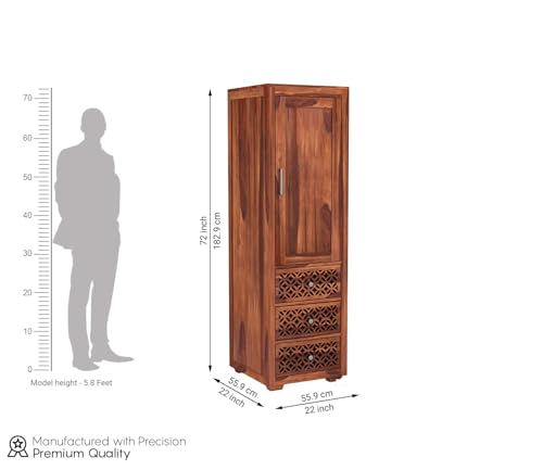Image of Sheesham Wood Wooden Single Door Wardrobe Organizer for Clothes | - Solid Wood Almirah with 3 Drawers, 3 Shelves - Cupboard for Large Bedroom, Natural Finish