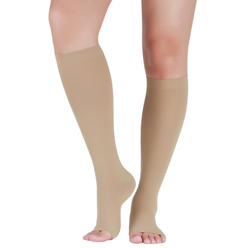 Image of LIN PERFORMANCE 20-30 mmHg Compression Socks for Women Men Knee High Open Toe Leg Support Stockings for Daily Comfort Travel (Nude,L)