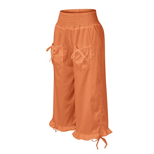 womens wide leg cropped trousers smocked waist adjustable tied ruffle hem boho capri pants plus size flowy gaucho pants