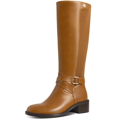 Women's Knee High Boots Round Toe Chunky Block Heel Comfortable Long Tall Boots for Women Side Zipper Elastic Casual Fashion Riding Boots