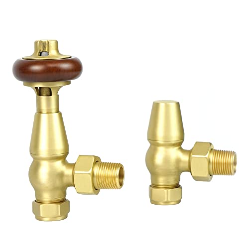 Traditional Radiator Valve Brass - VANCOCO Antique TRV Traditional TRV Pair 15mm /1/2'' Angled Radiator Valve Classic Thermostatic Valve Radiator Thermostat Radiator (Brushed gold)