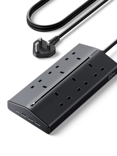 UGREEN Extension Lead with USB Slots 6 Way Power Strip with 1 USB C & 3 USB A 15 Angled Plug Extension Socket with 1.5M Extension Cable Slim Black Extension Plug for Home Office Desk Setup